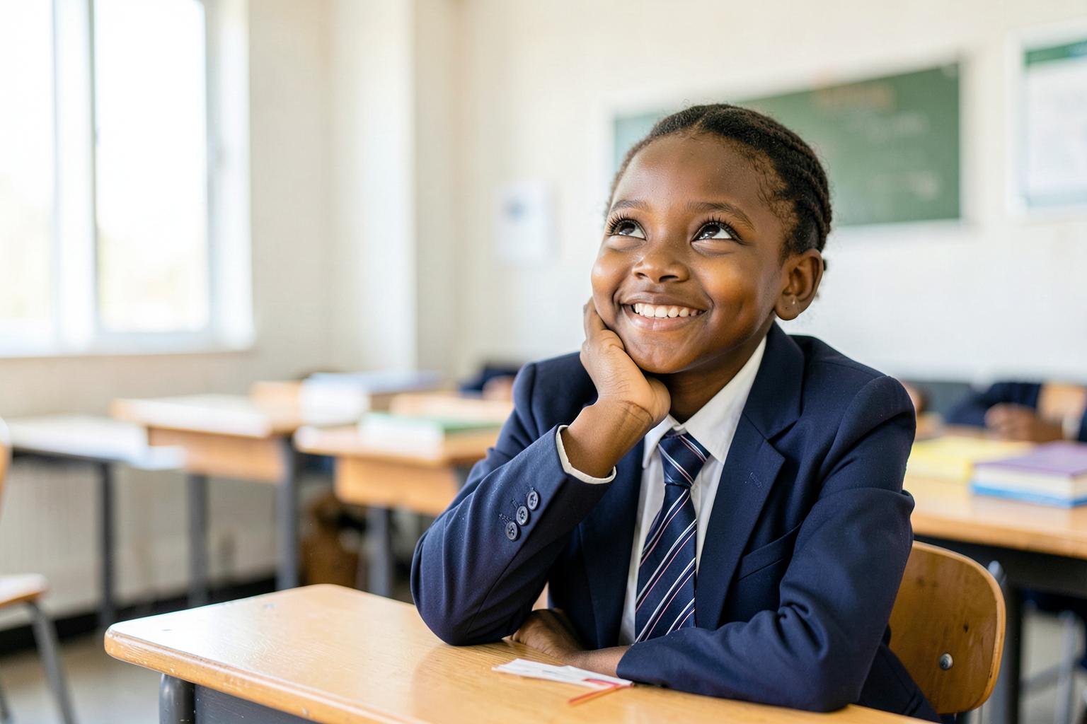 Smiling primary school learner in a classroom