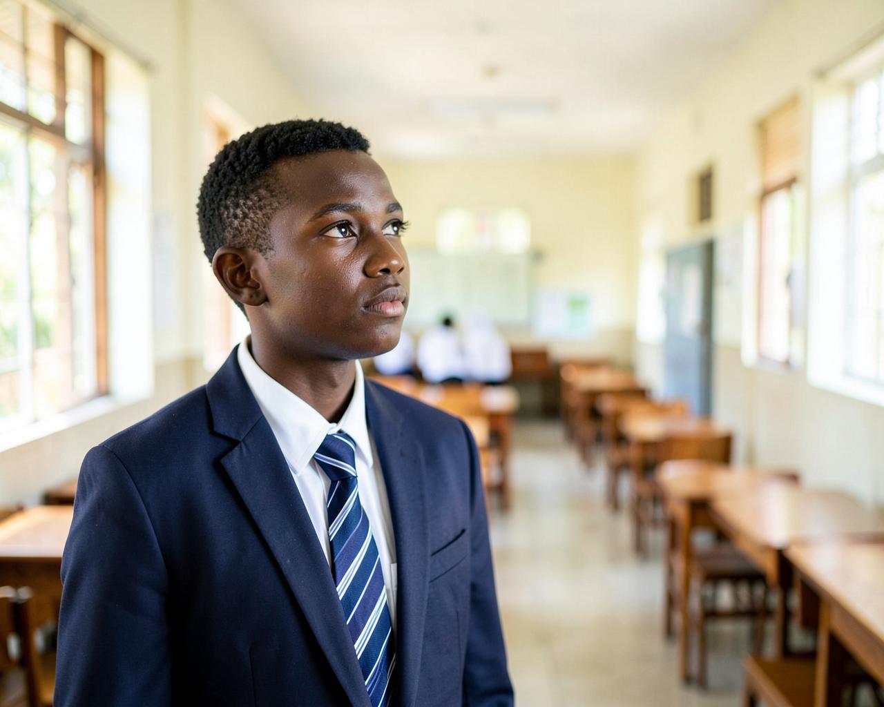 Secondary school student standing in a classroom